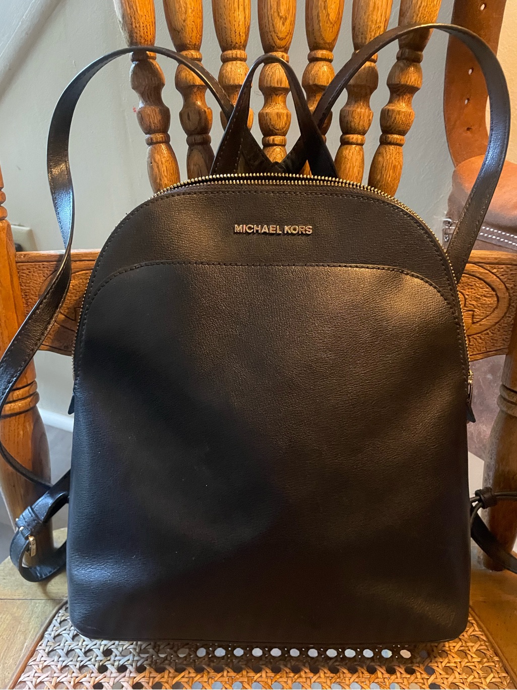 Michael Kors Emmy Large Dome Leather Backpack Purse Black Gold Adjustable Straps
